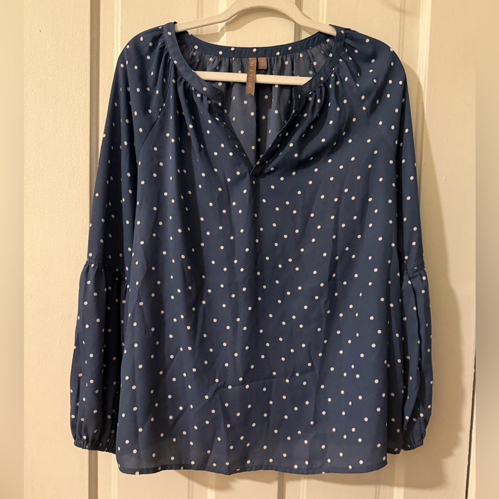 Brina & Em Indigo Blue Polka Dot Bell Sleeve Blouse, Medium